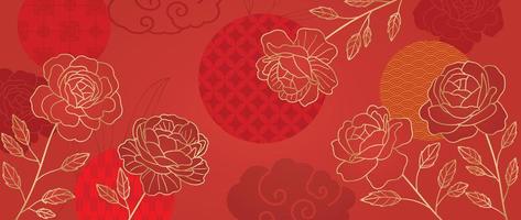 vector de fondo de patrón de estilo de lujo japonés y chino oriental. flor de rosa botánica con textura dorada sobre fondo rojo patrón chino. ilustración de diseño para papel tapiz, tarjeta, afiche.