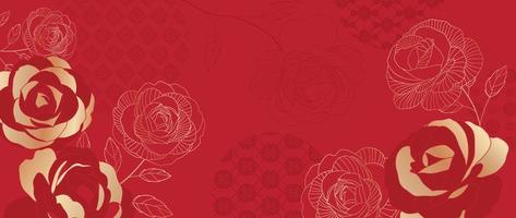 vector de fondo de patrón de estilo de lujo japonés y chino oriental. flor de rosa botánica con textura dorada sobre fondo rojo patrón chino. ilustración de diseño para papel tapiz, tarjeta, afiche.