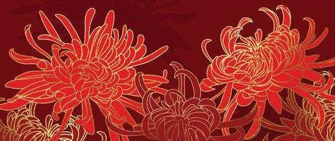 Happy Chinese new year luxury style pattern background vector. Oriental mums flower line art with gold and red color texture. Design illustration for wallpaper, card, poster, packaging, advertising. vector