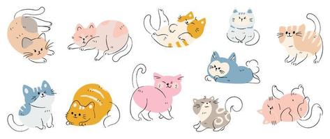 conjunto de vectores de garabatos de gato lindo y sonriente. adorable gato o colección de diseño de personajes de gatito esponjoso con color plano, diferentes poses sobre fondo blanco. ilustración de diseño para pegatina, cómic, impresión.