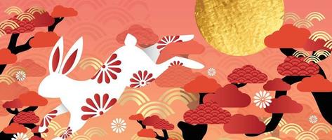 Oriental Japanese and Chinese luxury style pattern background vector. Rabbit new year card decorate with golden texture on chinese pattern background. Design illustration for wallpaper, card, poster. vector
