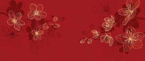 vector de fondo de patrón de estilo de lujo de feliz año nuevo chino. textura de arte de línea dorada de flor de sakura oriental sobre fondo rojo. ilustración de diseño para papel tapiz, tarjeta, afiche, empaque, publicidad.