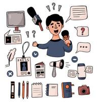 Set journalism. Male journalist reporter presenter with microphone, press pass, broadcast recording, notepads with stationery, newspaper and online messages. Isolated vector color drawns doodles.