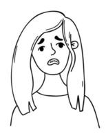 Portrait of sad depressed girl. Female character in doodle cartoon style. Vector outline drawing. Female emotional character portrait for use as icons, avatars for social networks, design.