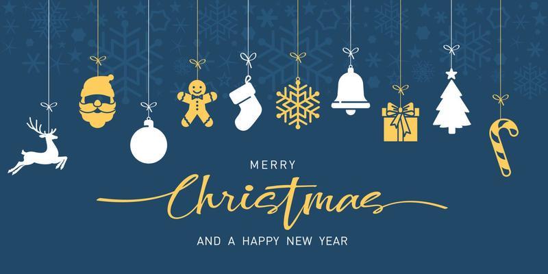 Marry Christmas ornaments. Marry Christmas and happy new year greeting card with hanging christmas ornaments. Vector illustration.