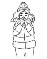 Unhealthy girl in winter clothes is frozen and wipes her nose with handkerchief. Season of sickness and cold. Vector illustration. linear doodle. Outline hand drawing.