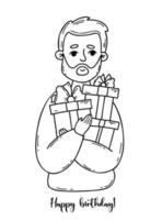 Bearded man with boxes of gifts. Vector linear hand drawing in doodle style. Male festive character with text Happy birthday.