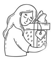 niña feliz con caja de regalo grande. vector en garabato lineal dibujado a mano. personaje femenino para el diseño de temas festivos, regalos y ventas.