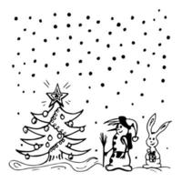 Doodle Snowman Christmas tree, hare rabbit, snowfall. Line art. White and black. Vector illustration
