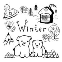 Polar bear family winter card. Mountains, snowballs, trees, house, snowflakes. Vector illustration.