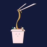 Kawaii noodles with chopsticks. Vector illustration in flat style