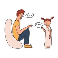 The girl at the reception at the speech therapist. Correct pronunciation lesson. Vector illustration in doodle style