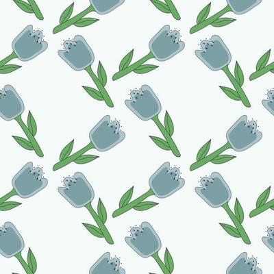 Cute floral seamless pattern with blue tulip in scandinavian style. Contemporary aesthetic art for textile, fabric, wrapping paper, wall art, social media post, packaging. Traditional folk ornaments.