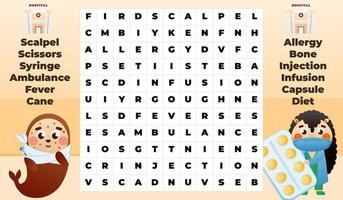 Medical word search game for kids with cute walrus patient with allergy and hedgehog doctor in hospital