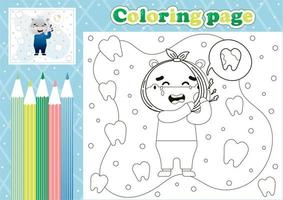 Medical coloring page for kids with cute hippo patient suffering from toothach vector