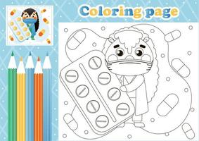 página médica para colorear para niños con un lindo médico erizo con pastillas vector