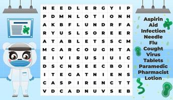 Medical word search game for kids with cute panda doctor in protecting costume in hospital vector