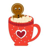 Christmas cup with cacao and gingerbread man with candy and cinammon isolated on white background vector