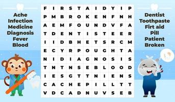 Medical word search game for kids with cute monkey dentist and hippo patient in hospital vector