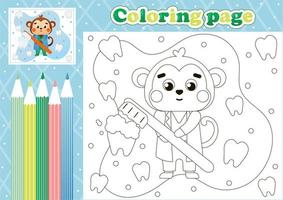 página médica para colorear para niños con lindo lmonkey dentista doctor con cepillo de dientes vector