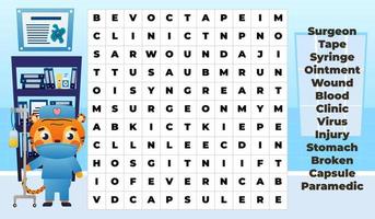 Medical word search game for kids with cute tiger doctor characters in hospital vector