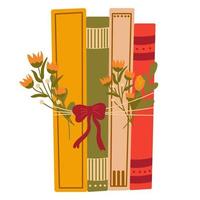 escena acogedora con montones de libros y flores aisladas en fondo blanco vector