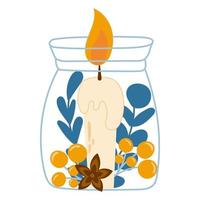 acogedor elemento hogareño hygge, velas aromáticas ardientes decorativas en tarro con bayas y bayas aisladas en fondo blanco vector