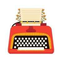 Cozy retro red typewriter with leaves, branches and flowers isolated on white background vector