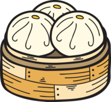 pão cozido no vapor desenhado à mão com bandeja de bambu ilustração de comida chinesa e japonesa png