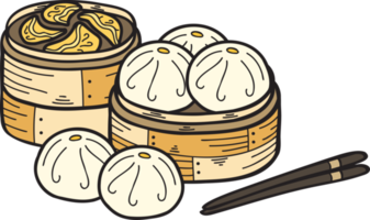 pão cozido no vapor desenhado à mão com bandeja de bambu ilustração de comida chinesa e japonesa png