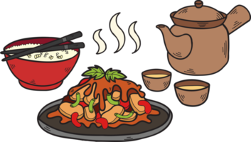 conjunto de comida dibujado a mano con té ilustración de comida china y japonesa