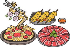 fideos y albóndigas dibujados a mano ilustración de comida china y japonesa