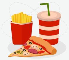 rebanada de pizza, taza de coca cola y papas fritas. ilustración de vector de comida chatarra en estilo plano
