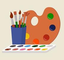 Watercolors Tools Set. Brushes and Palette For Aquarelle Drawing Vector Illustration Flat Style