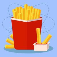 Patatas fritas en caja roja de papel y salsa. Ilustración de vector de concepto de comida chatarra en estilo plano