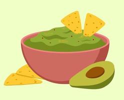 guacamole en el bol con aguacate y nachos ilustración vectorial de alimentos en estilo plano vector