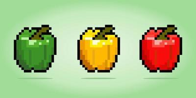 8 bit pixels paprika. vegetables for game assets and cross stitch patterns in vector illustrations.