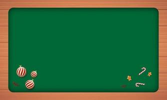 Merry Christmas holiday and happy new year and empty frame on a wood background. Merry Christmas with Christmas ball and candy. Christmas and new year background. Vector illustration.