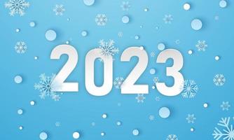 Merry Christmas and happy new year paper cut concept. Merry Christmas and happy new year 2023 and snowflakes paper cut concept on blue background. Vector illustration. Paper cut and craft style.