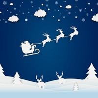 feliz navidad y feliz año nuevo concepto de corte de papel. Navidad y con el trineo de Papá Noel volando, copos de nieve, abetos, estrellas, concepto de corte de papel de ciervos sobre fondo azul. ilustrador vectorial vector