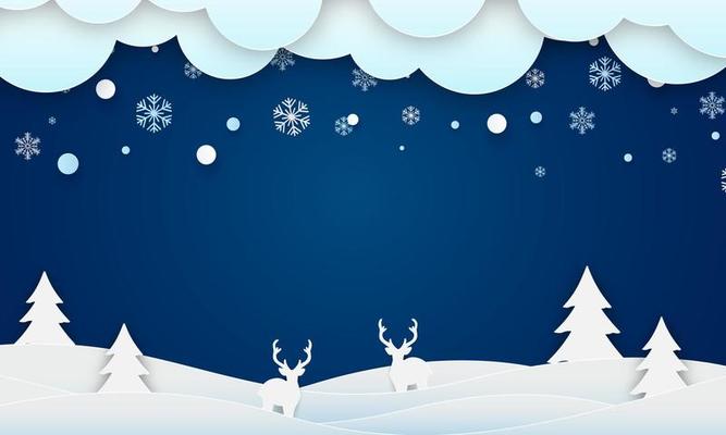 Merry Christmas and happy new year papercut concept. Christmas and with snowflakes fir trees, stars, deers paper cut concept on blue background. Vector illustrator