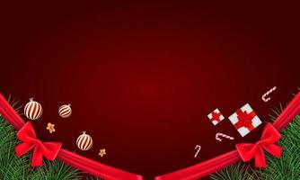 feliz navidad y feliz año nuevo sobre un fondo rojo. feliz navidad con bolas de navidad y ramas de abeto de caramelo, caja de regalo y dulces. navidad y año nuevo ilustración vectorial vector