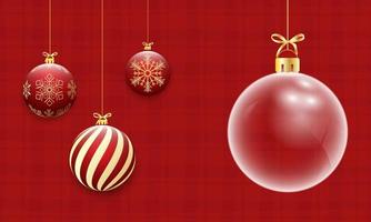 Christmas ball on red background. Merry Christmas and happy new year with Christmas ball and fir branches on red background. Christmas and new year background holiday. Vector illustration