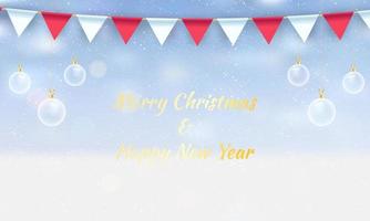 Glass ball Christmas on blue background. Merry Christmas and happy new year with a glass ball and flag party Christmas blue background. Christmas and new year background holidays. Vector illustration
