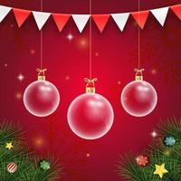 Christmas ball on red background with confetti. Merry Christmas and happy new year with Christmas ball and fir branches on red background. Christmas and new year background holiday. Vector illustrat