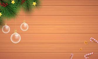 Merry Christmas and happy new year and empty frame on wood background. Merry Christmas with candy and gingerbread man Christmas ball. Christmas and new year background. Vector illustration