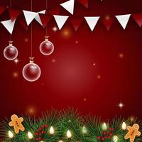 Christmas ball on red background with confetti. Merry Christmas and happy new year with Christmas ball and fir branches on red background. Christmas and new year background holiday. Vector illustrat