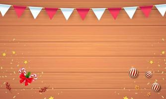 Merry Christmas and happy new year and empty frame on wood background. Merry Christmas with candy and gingerbread man Christmas ball. Christmas and new year background. Vector illustration