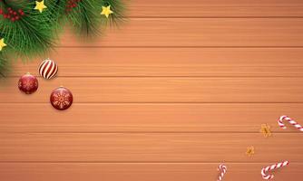 Merry Christmas and happy new year and empty frame on wood background. Merry Christmas with candy and gingerbread man Christmas ball. Christmas and new year background. Vector illustration