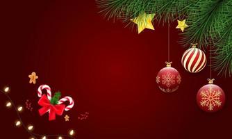 feliz navidad y feliz año nuevo sobre un fondo rojo. feliz navidad con bolas de navidad y ramas de abeto de caramelo. decoración del árbol de vacaciones de invierno para navidad y año nuevo ilustración vectorial vector